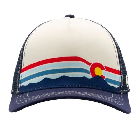 Colorado-inspired kids’ low-profile navy and beige hat