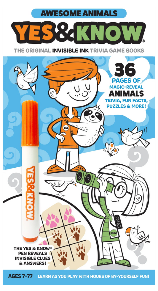 Book cover of 'Yes & Know Awesome Animals' with a girl holding a panda, a marker, and illustrations of animals.
