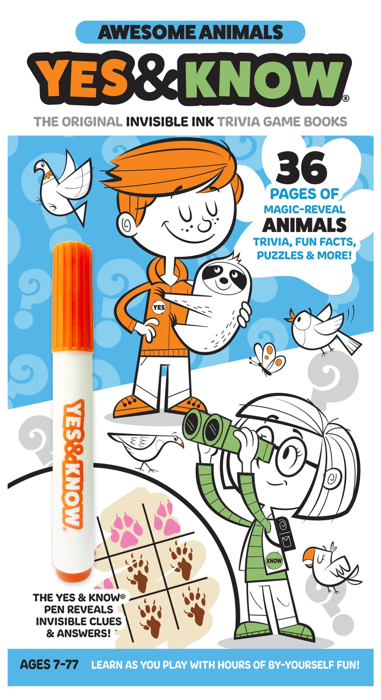 Book cover of 'Yes & Know Awesome Animals' with a girl holding a panda, a marker, and illustrations of animals.