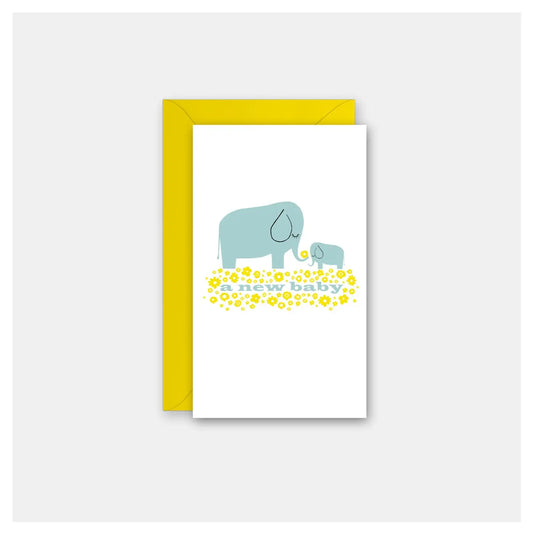 Greeting card with elephants and 'a new baby' text on a white background