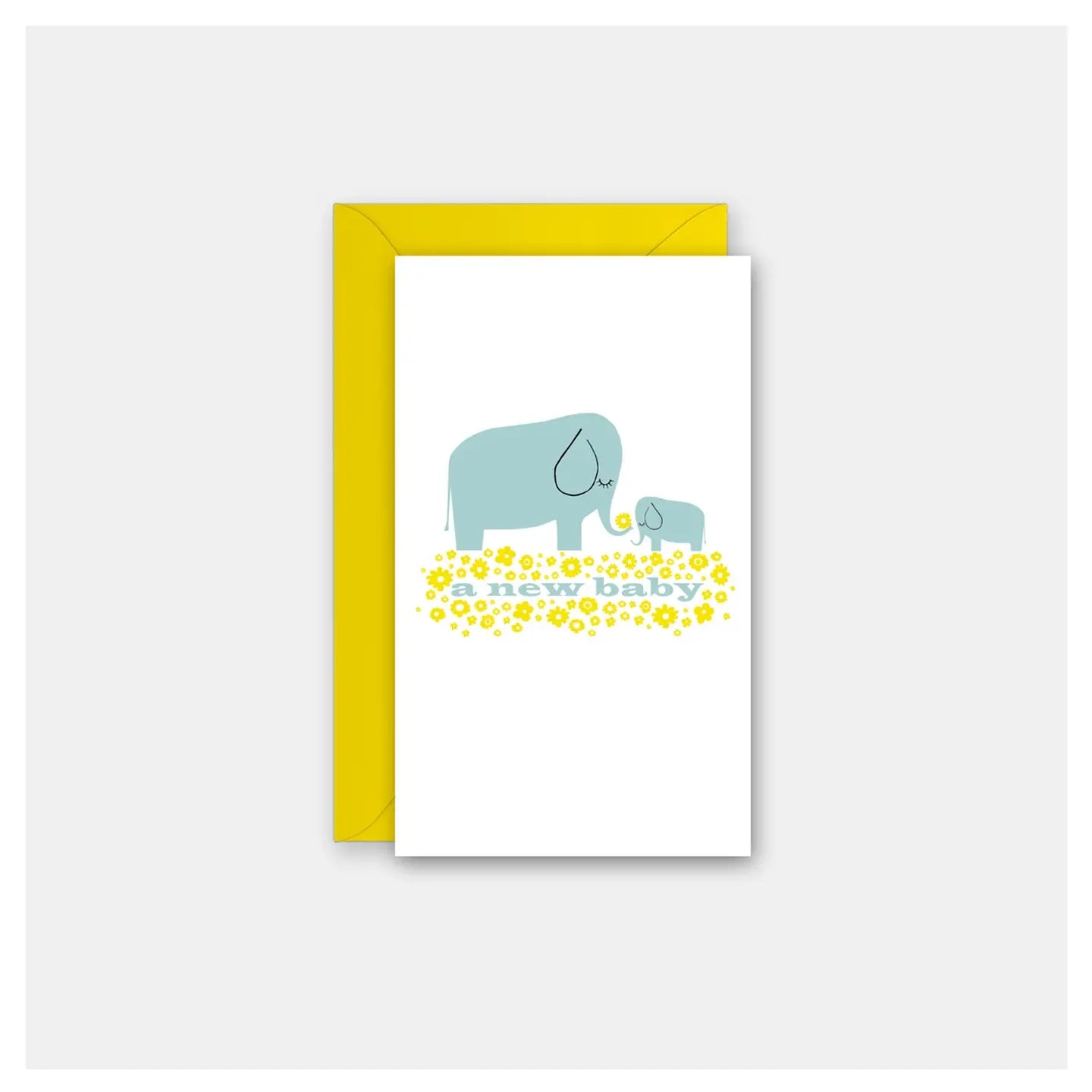 Greeting card with elephants and 'a new baby' text on a white background