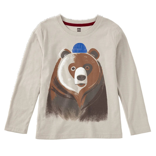 long sleeve t-shirt with graphic image of a bear wearing a knit hat