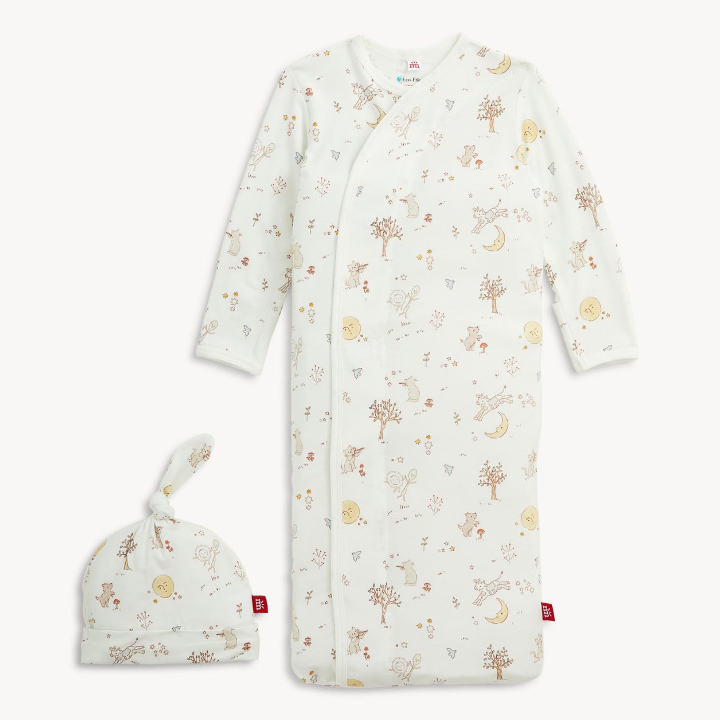 Baby sleeping bag with floral pattern and matching hat on a white background