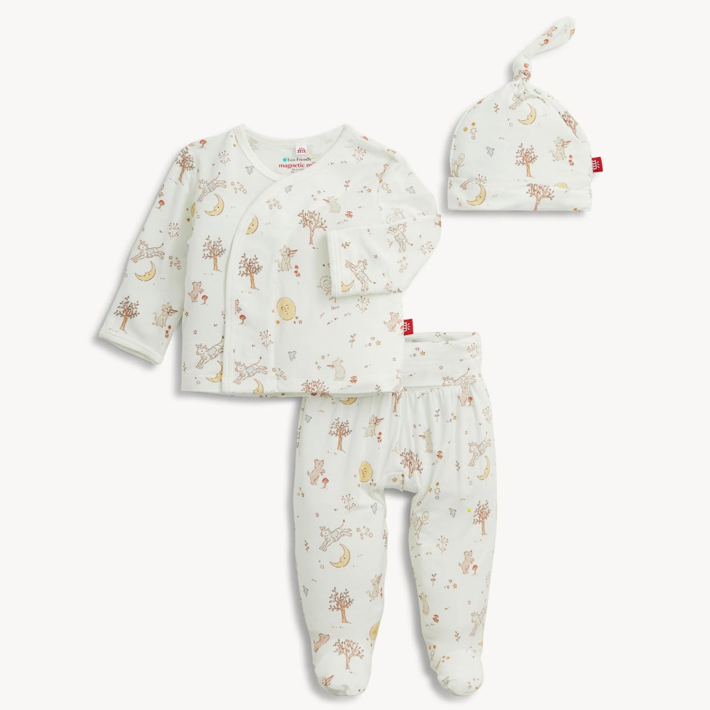 Baby outfit with top, pants, and hat featuring a floral pattern on a white background