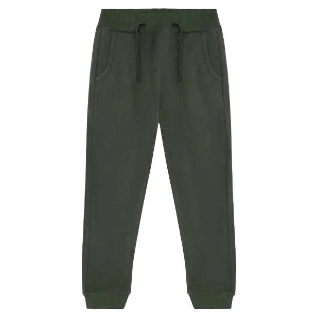 A pair of dark olive green sweatpants with a drawstring waistband and side pockets, shown flat against a plain white background.