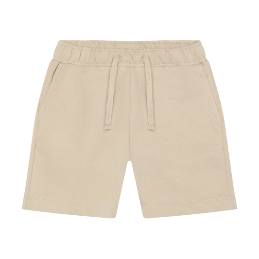 Beige shorts with drawstring on a white background