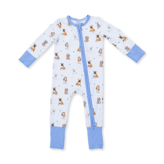 Angel Dear Besties Dogs Flip Romper, blue dog print, front view flat lay