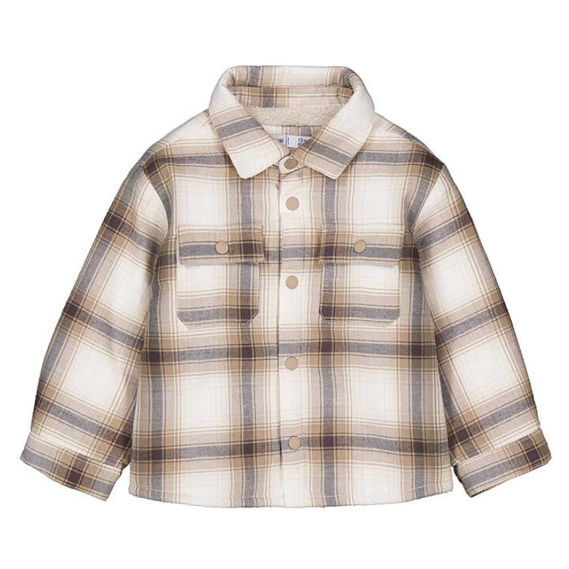 Tan, white and charcoal plaid shacket for baby boys