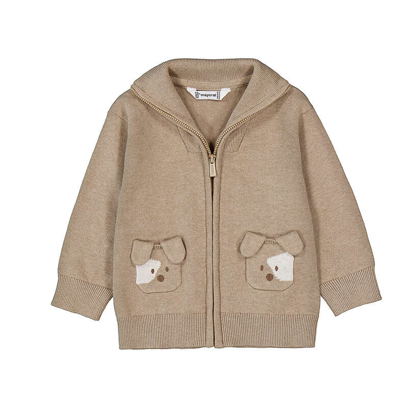 Tan zip cardigan with puppy motif at the front pockets for baby boys