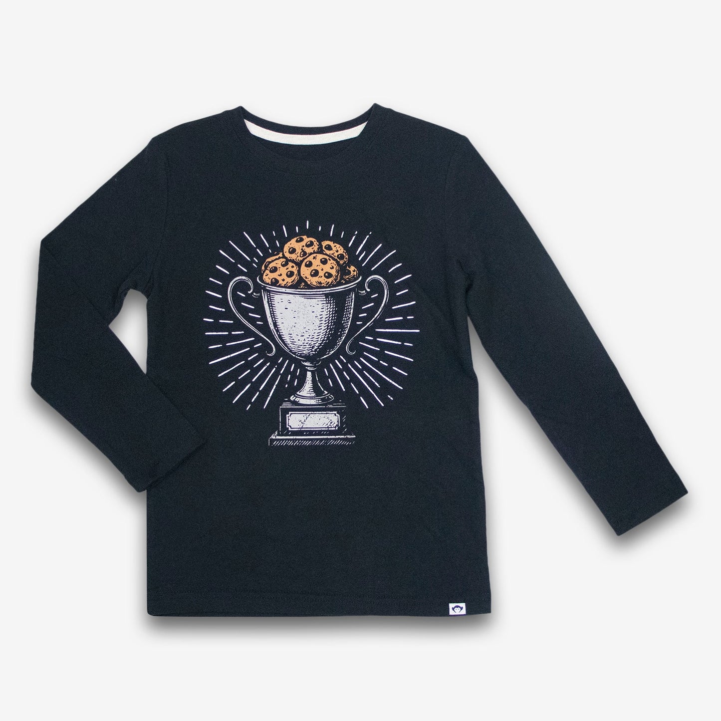 Black long-sleeve shirt with a graphic design on a white background