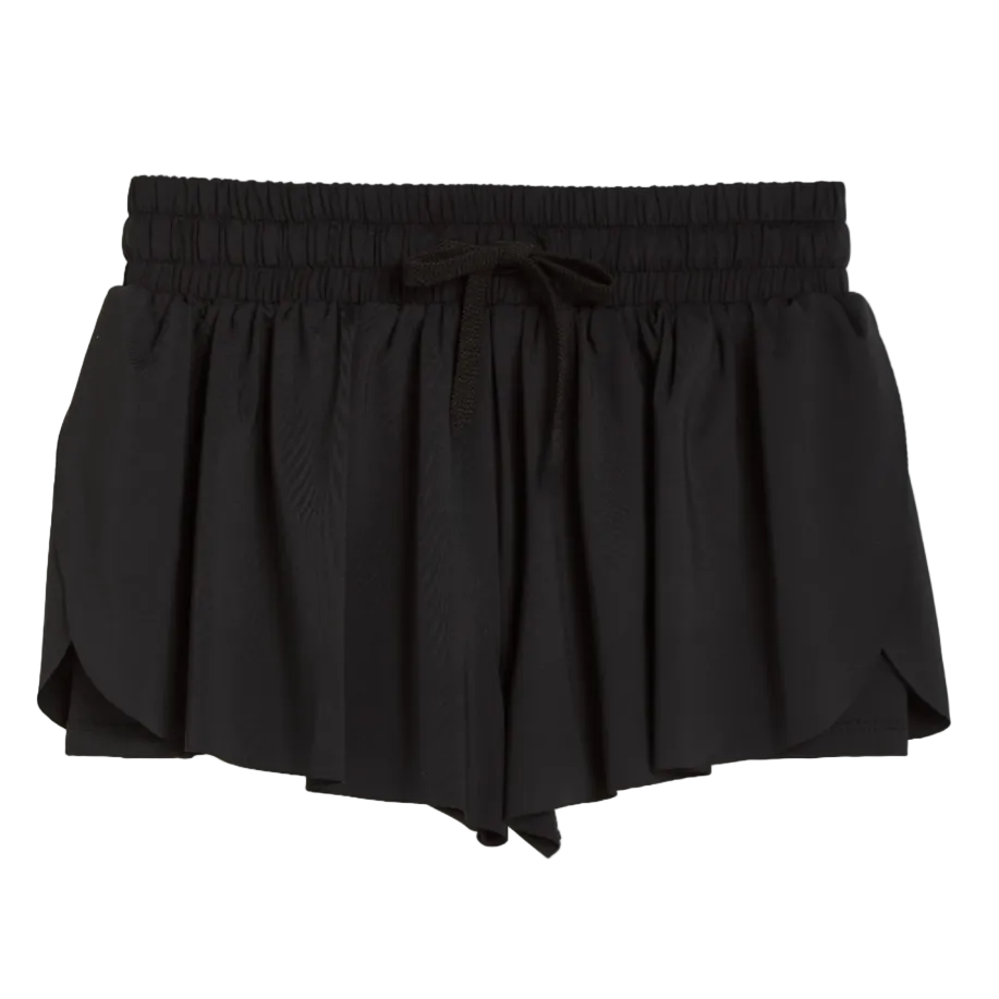 Black pleated shorts with an elastic waistband and drawstring, made of a stretch-nylon fabric blend.