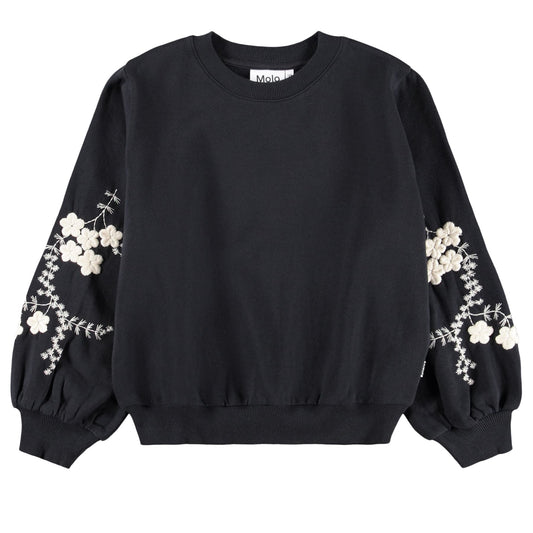 Black sweatshirt with floral embroidery on sleeves against a white background