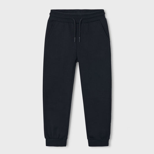 A pair of black sweatpants with an elastic waistband, matching drawstring, and ribbed ankle cuffs
