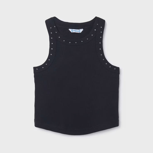 Black sleeveless top with decorative studs around neckline