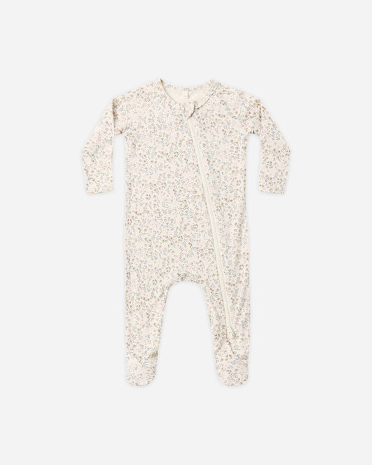 Bloom Bamboo Zip Footie flat lay - Quincy Mae bamboo footie, bloom print