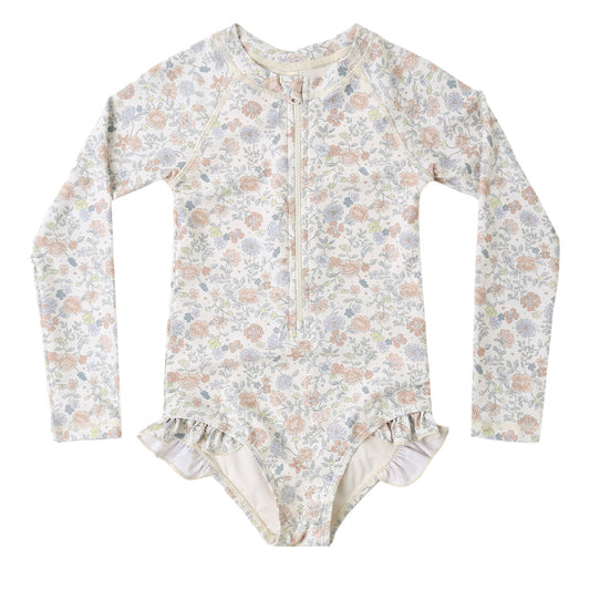 Floral patterned baby rashguard swimsuit with zip front