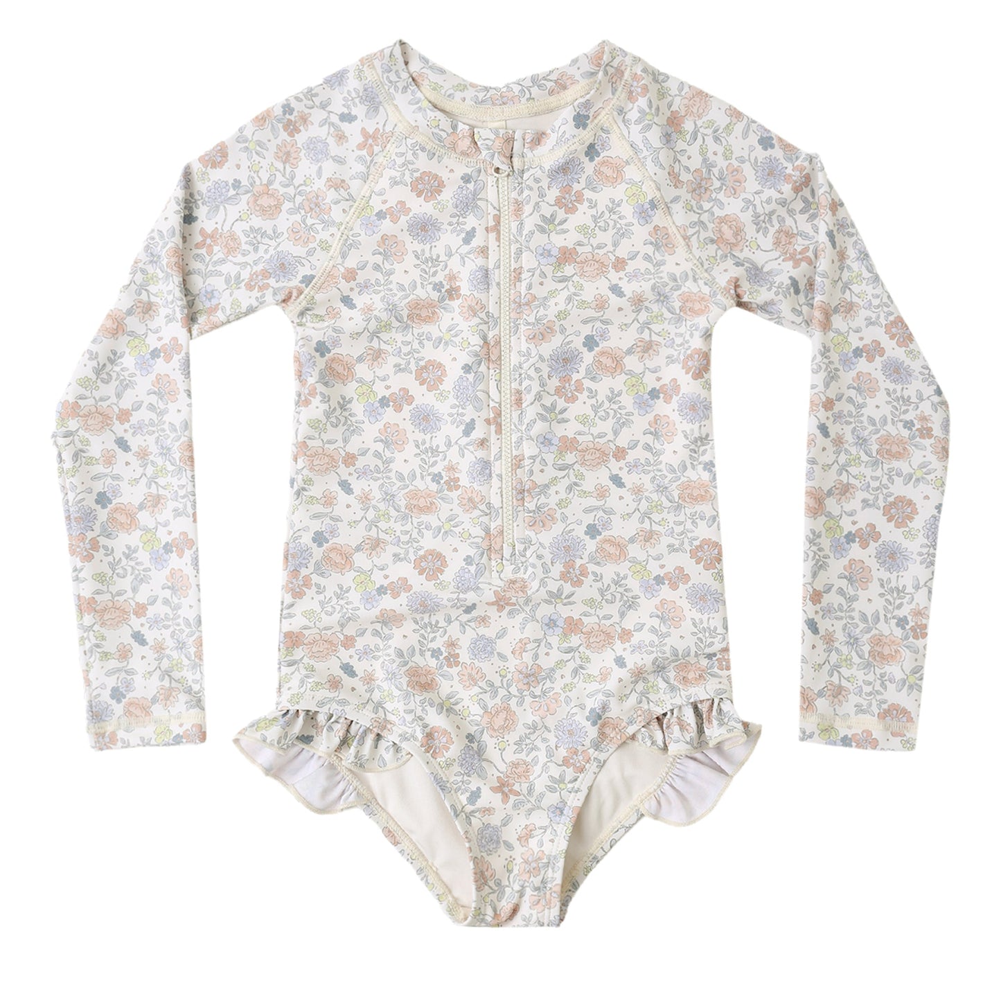 Floral patterned baby rashguard swimsuit with zip front
