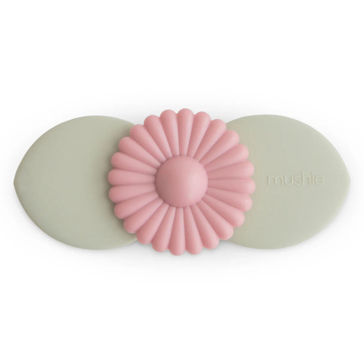 Pink flower-shaped object with green oval bases on a white background