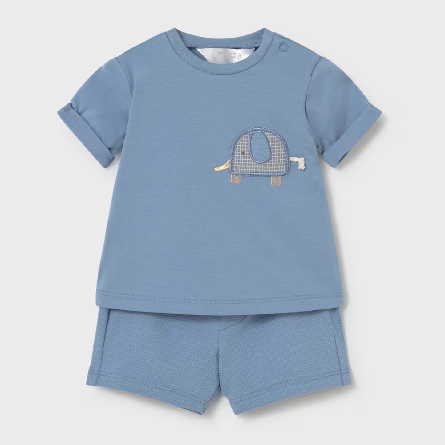 blue t-shirt with elephant applique and shorts set