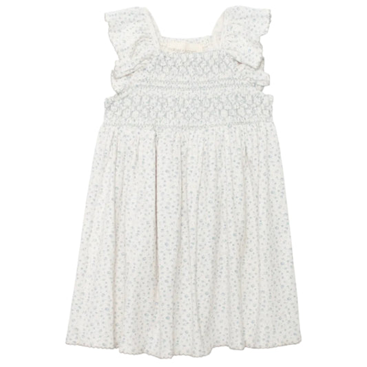 White floral dress with small blue flowers