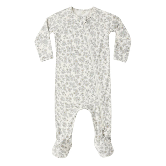Floral patterned baby footie with zip closure