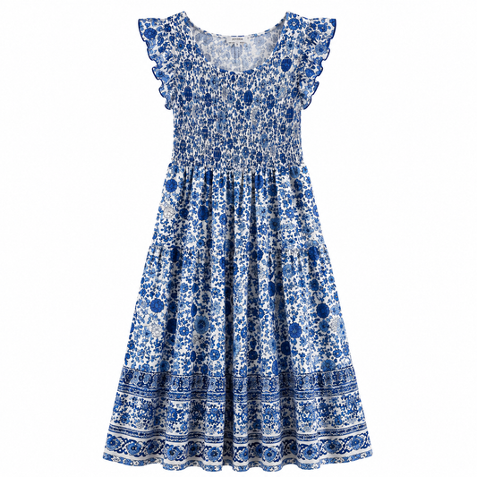 Blue floral dress on a white background