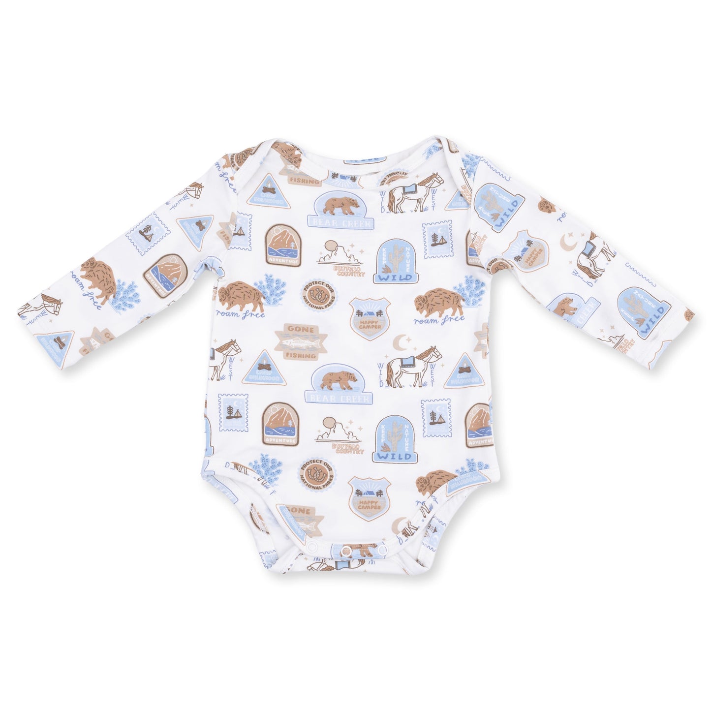 Baby onesie with animal pattern on a white background