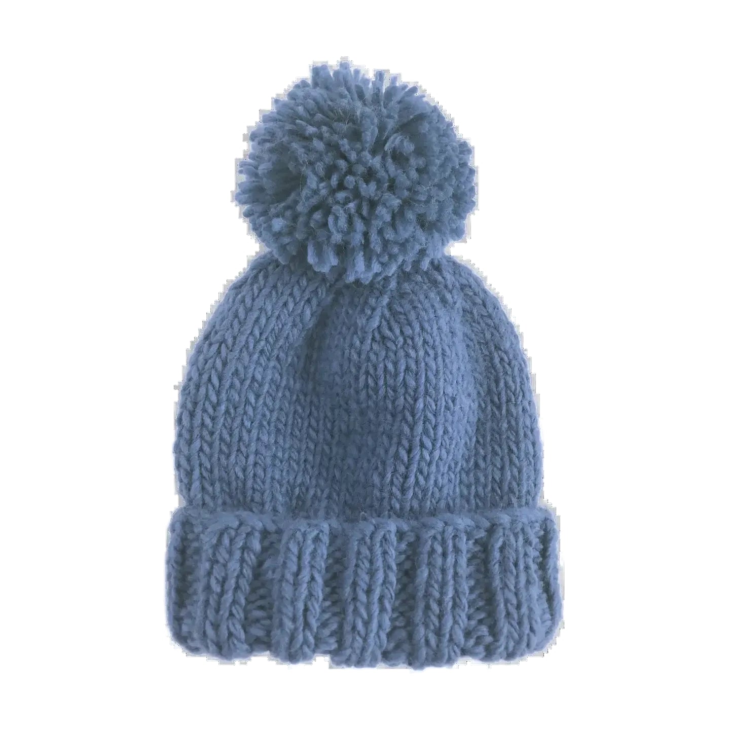 A dusty blue chunky knit beanie hat with a matching pom-pom on top, shown against a plain white background.
