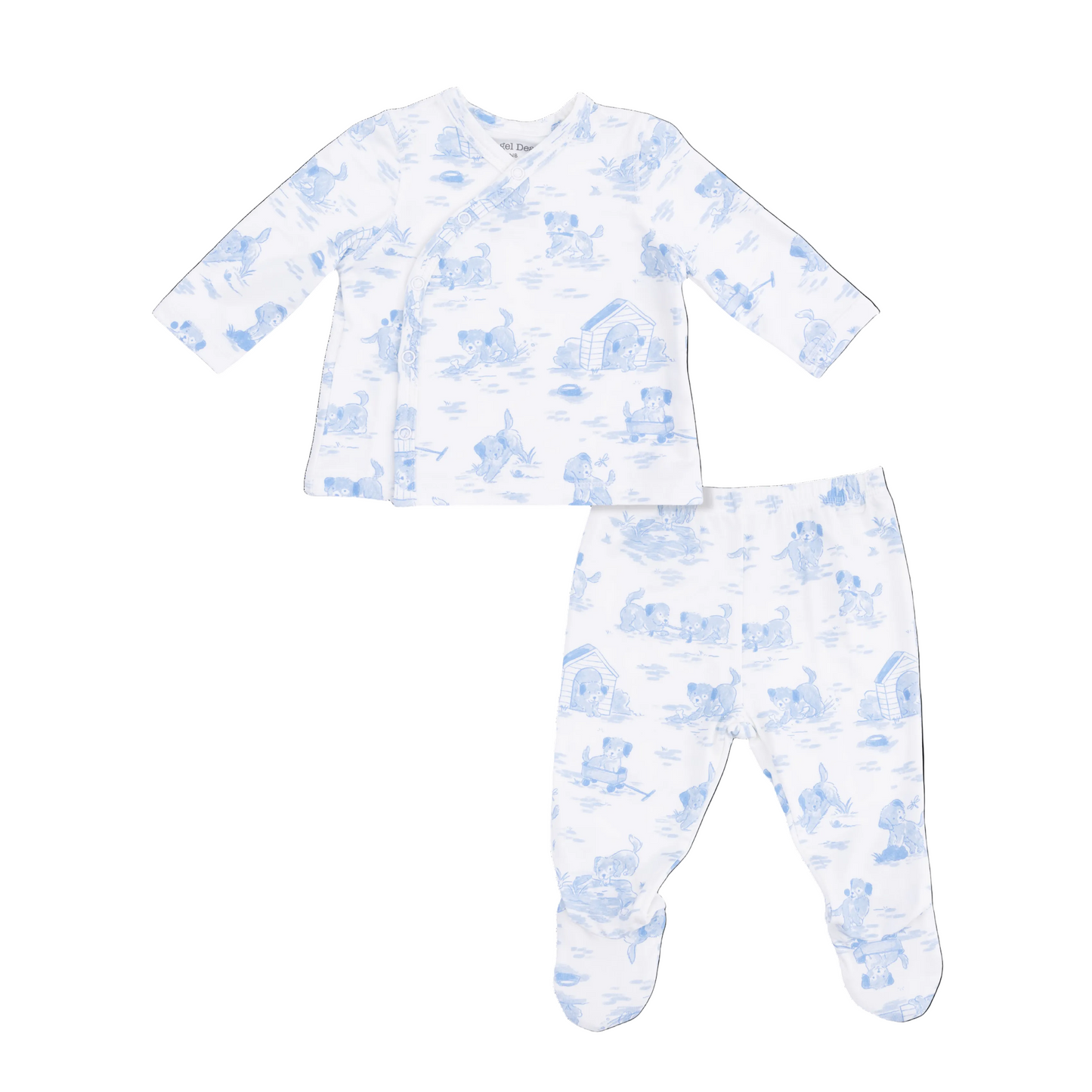 Baby pajama set with blue floral pattern on a white background