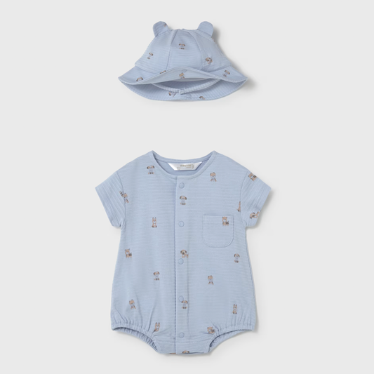 Baby blue puppy printed romper with matching hat