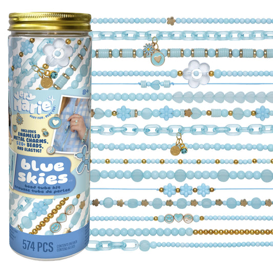 Jar of blue beads for jewelry making