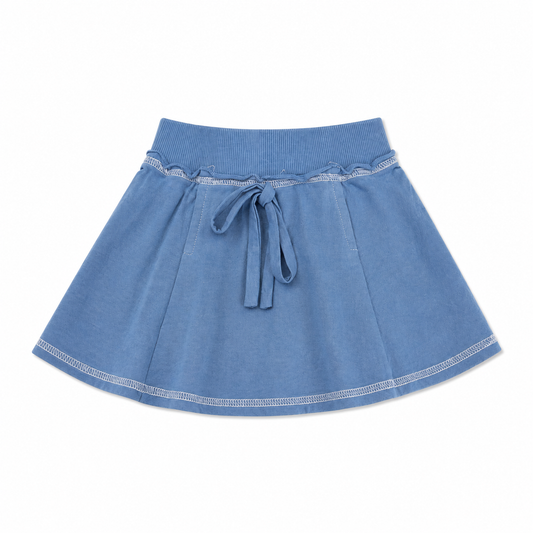 Blue skirt with white trim on a white background