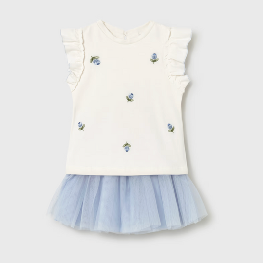 Blue embroidered flowers on white top paired with soft blue tulle skirt