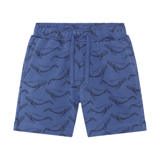 Blue shorts with whale pattern on a white background