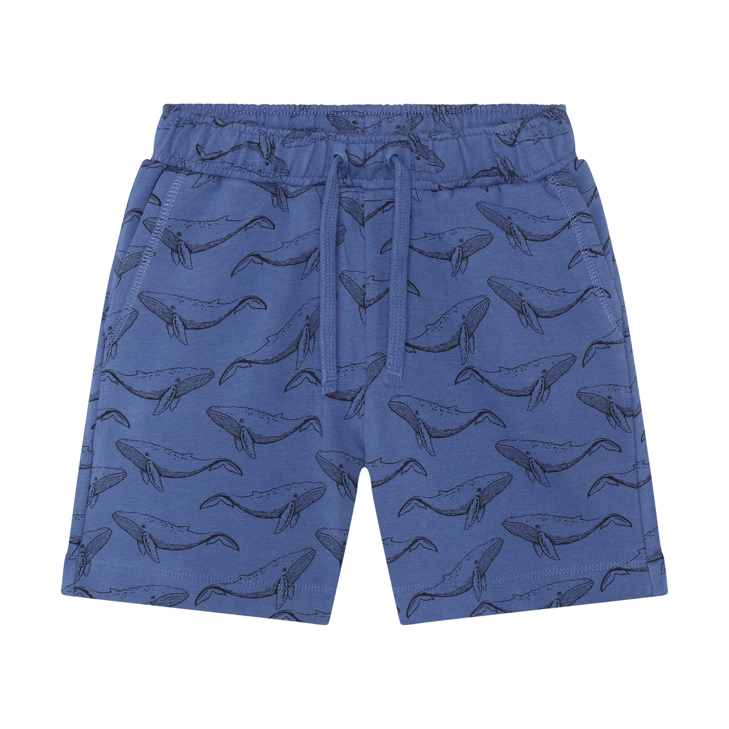 Blue shorts with whale pattern on a white background