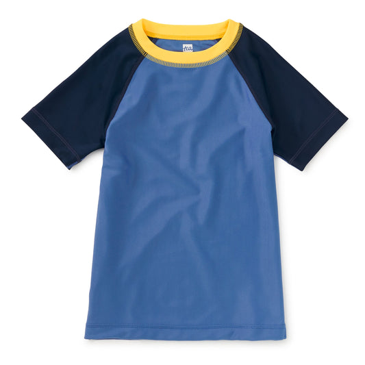 Blue and navy short-sleeve shirt with yellow trim