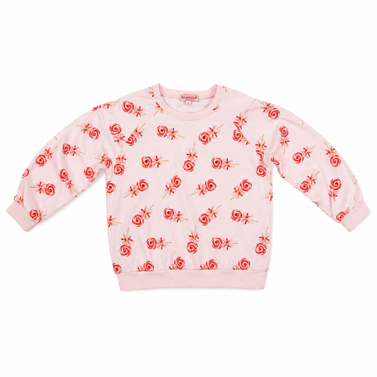 Pink sweatshirt with red lolipop pattern on a white background