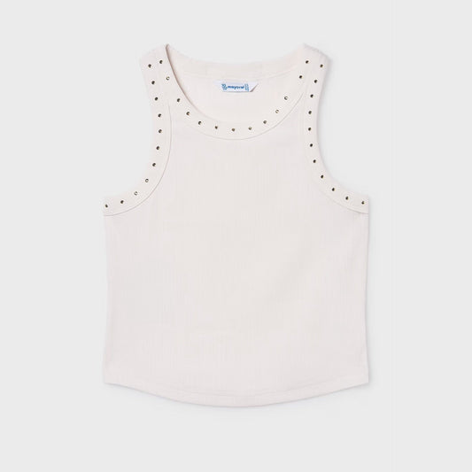 White tank top with decorative embellishments around neckline
