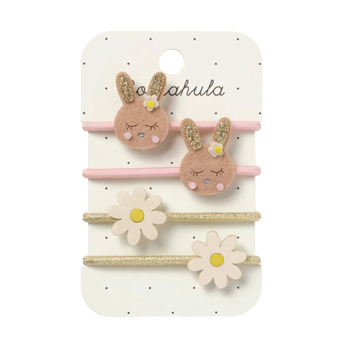 Set of bunny-shaped hair clips with flowers on a branded card