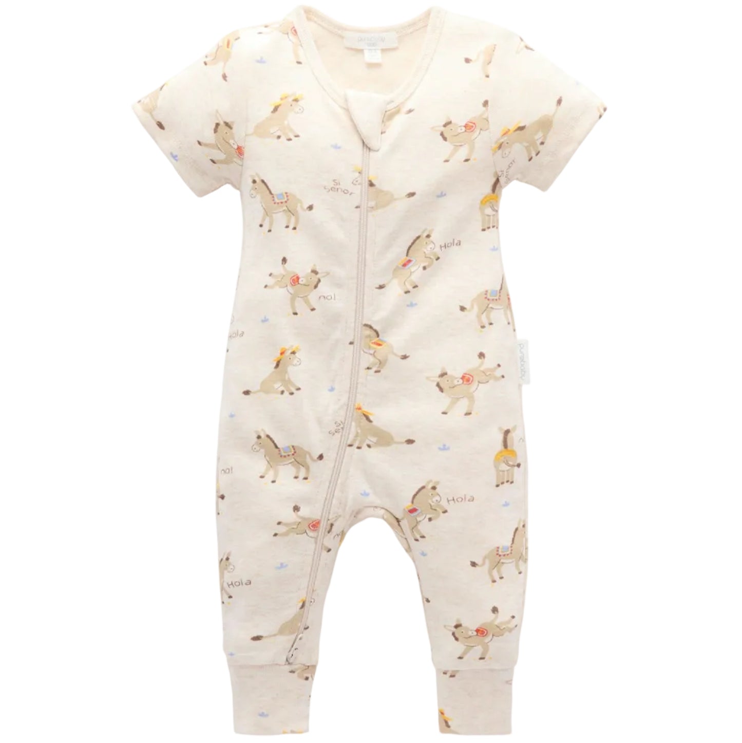 Baby onesie with animal pattern on a white background