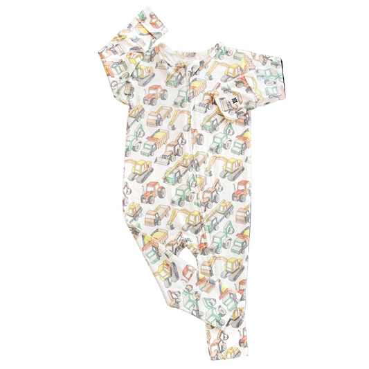 Baby romper with toy truck pattern and zip closure