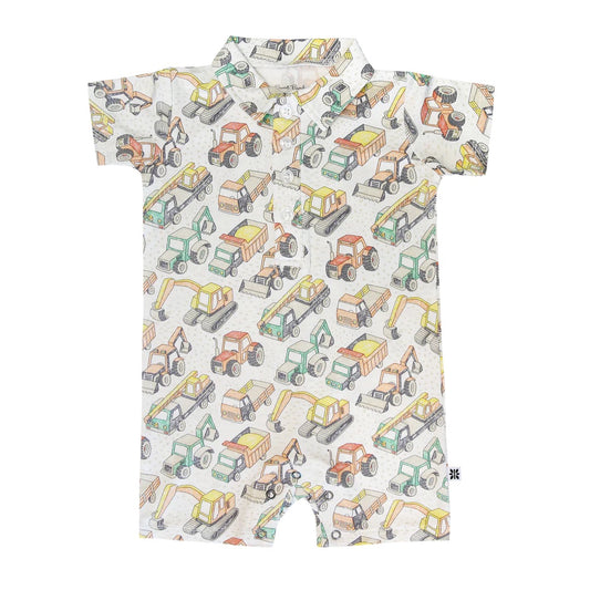 Short-sleeve polo romper with construction vehicle pattern