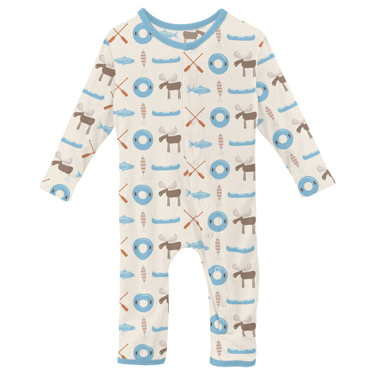 A baby romper with a pattern of animals and nature-themed graphics on a light background, featuring blue flip paws and footies.