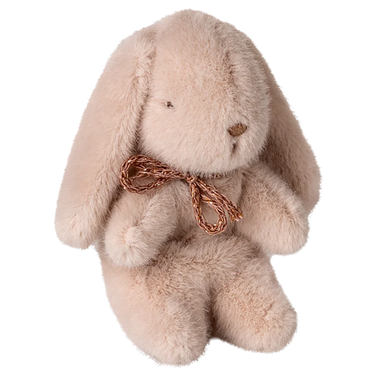 Plush bunny toy with a gold bow on a white background