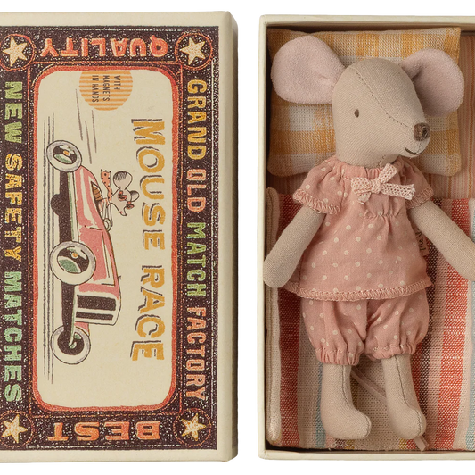 Stuffed mouse toy in a matchbox with vintage-style packaging