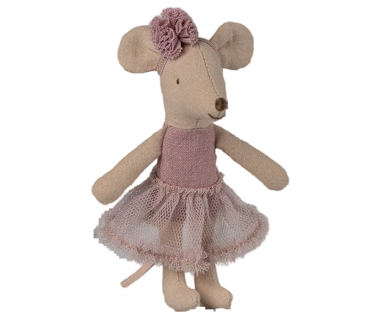 Stuffed mouse toy with a pink dress and flower headband on a white background