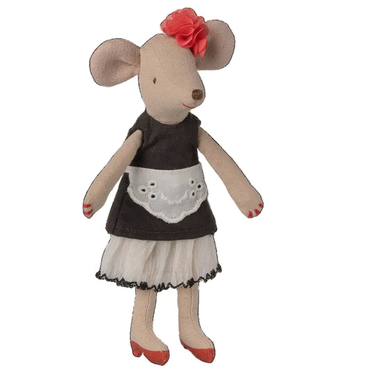 Stuffed mouse toy wearing a black dress with a white apron and red shoes on a white background