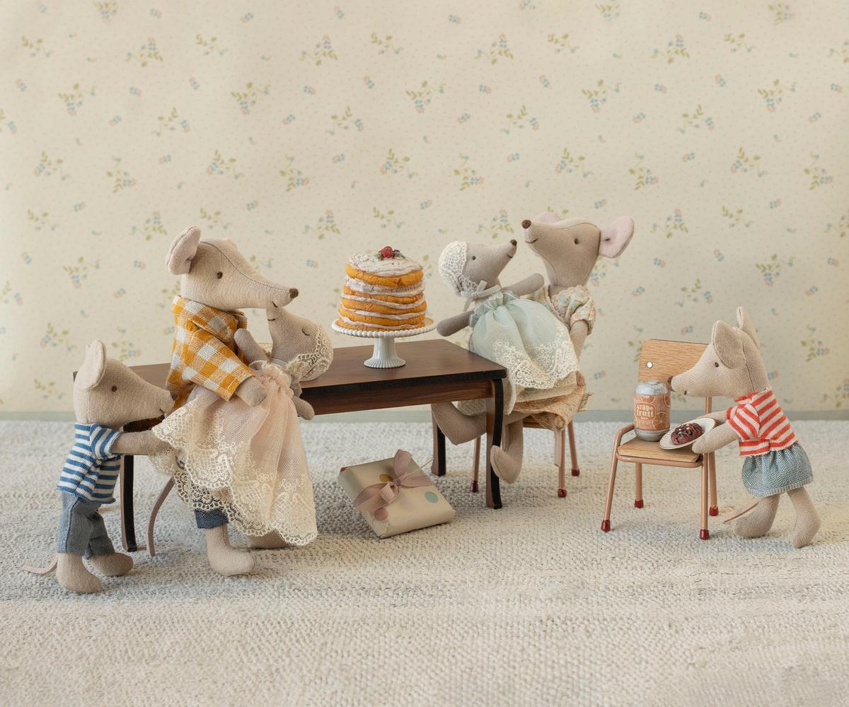 Maileg mouse party cake on stand shown from another angle