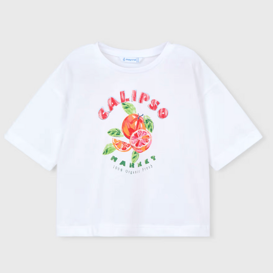 White t-shirt with 'Calipso' graphic design and oranges