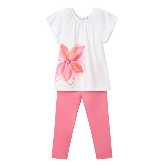 White top with a pink floral design and pink solid leggings